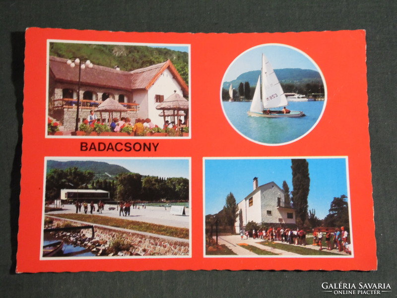 Postcard, Badacsony, mosaic details, small village house, pier, harbor, restaurant, pioneer camp, sailing