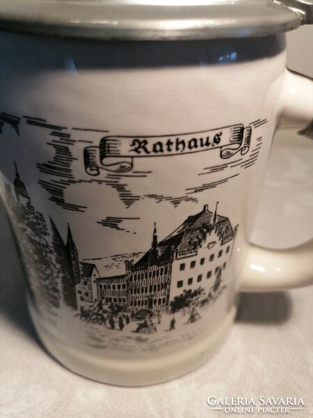 German tin top porcelain, city - castle life portrait theme, beer mug.