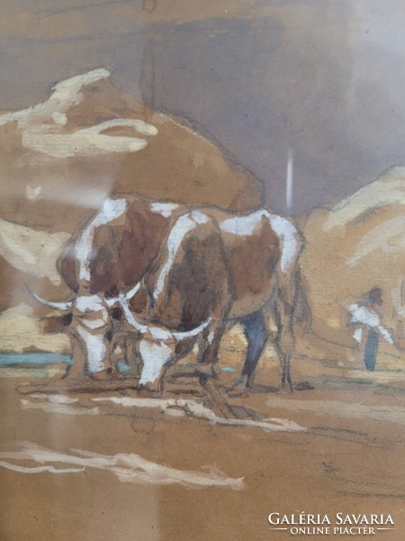Edvi-illés aladár (1870 - 1958): threshing watercolor picture rare!