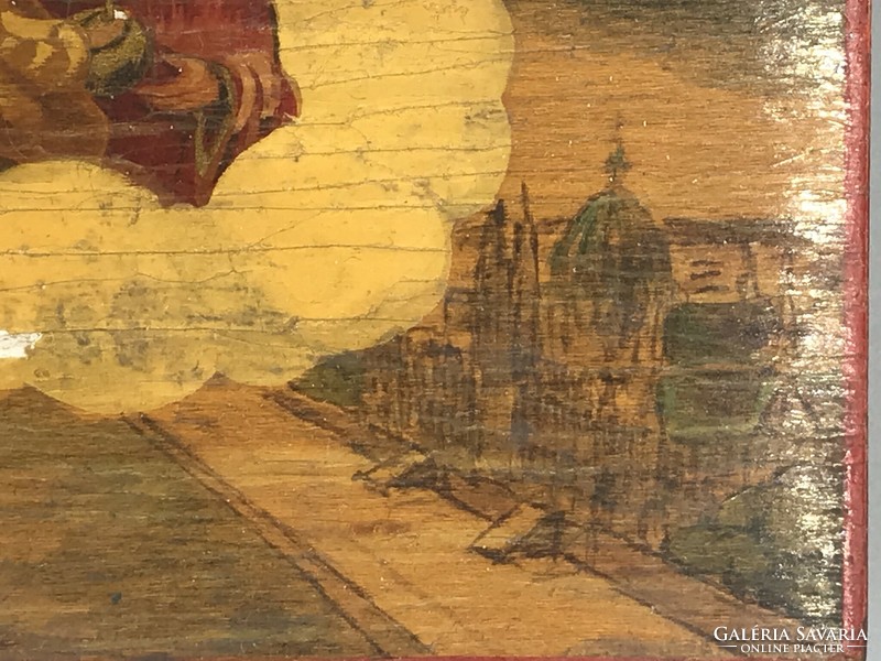 1938-ból szignált Budapest védő Szűz Mária a kisdeddel ábrázolással festett fa doboz