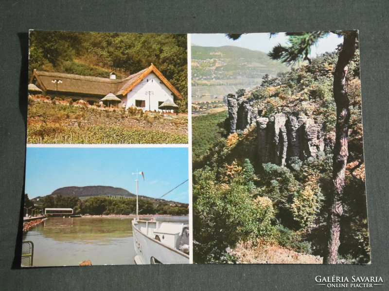 Postcard, Balaton, Badacsony, mosaic details, Kisfaludy wine house, restaurant, stone sacks, harbor