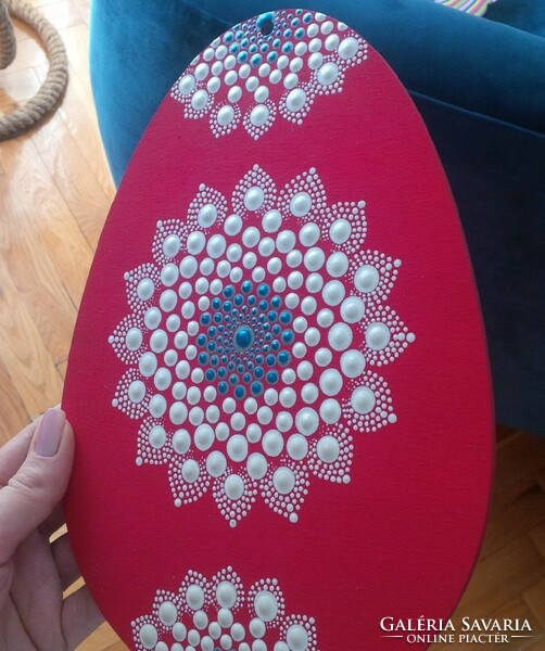 New! Red wooden eggs (2) with mandala decoration, hand painted, 24x18cm