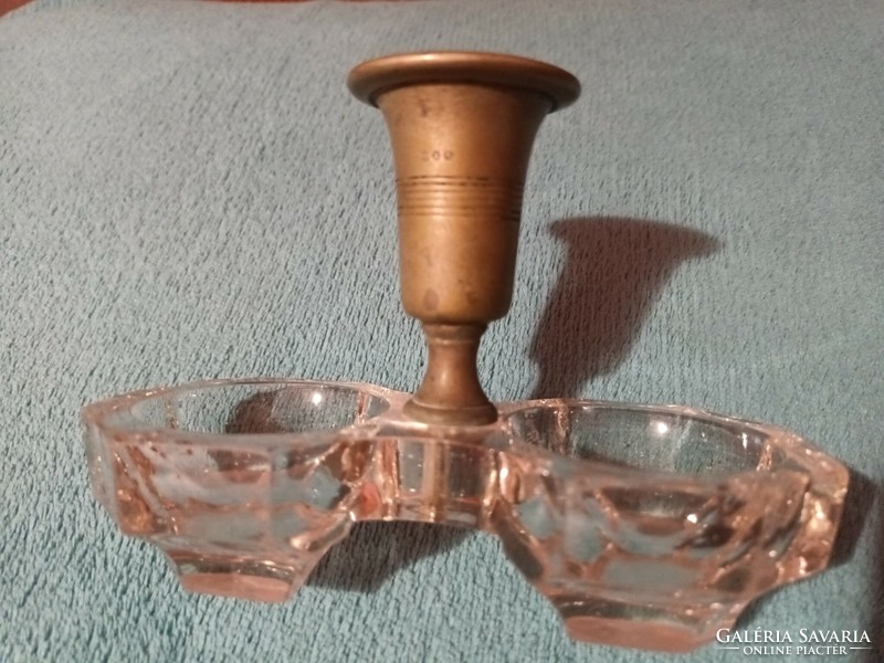 Old marked brass spice holder, salt and pepper holder, with thick, strong glass