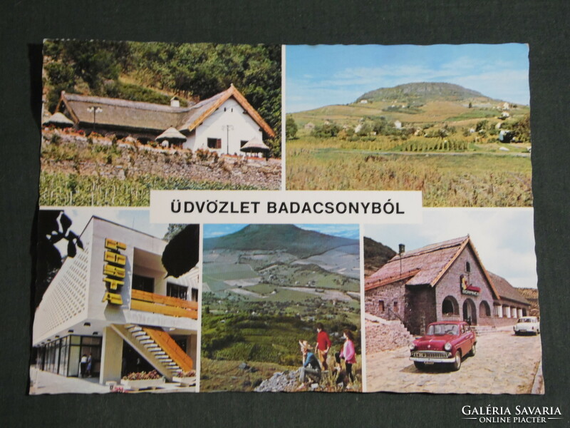 Postcard, Badacsony, mosaic details, Kisfaludy house, Moskvitz 403 car, Wartburg car, post office