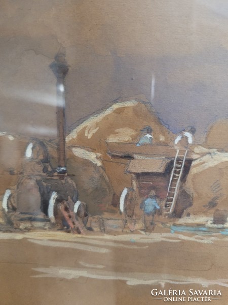 Edvi-Illés Aladár (1870 - 1958): Cséplés Akvarell Kép RITKA!