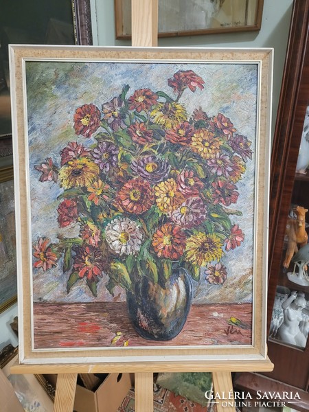 Vén Emil (1902 - 1984): flower still life oil on wood painting