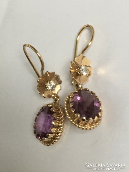 Art Nouveau style gold earrings flower amethyst purple stone
