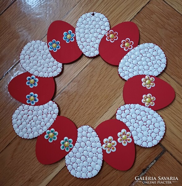 New! Egg wreath with red and white mandala decoration, hand painted, 20 cm