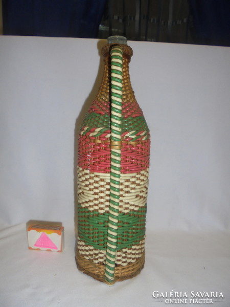 Régi dróttal és vesszővel fonott üveg palack - piros-fehér-zöld - 31,5 cm