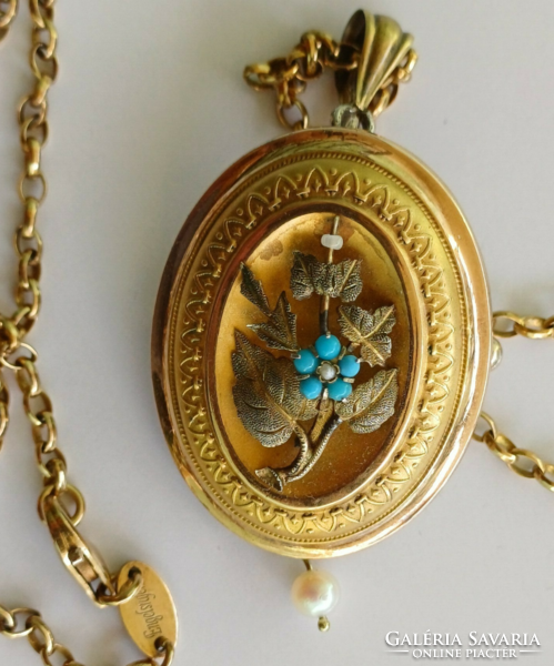 Large Biedermeier gold-plated silver photo holder pendant pearl turquoise + gold-plated silver chain