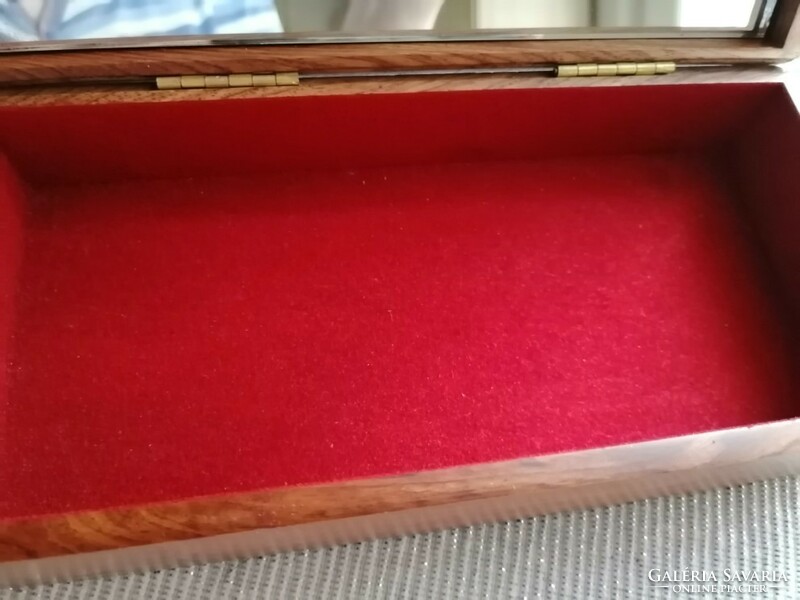 Old wooden jewelry box with mirror with water lily and fish pattern. Rosewood?