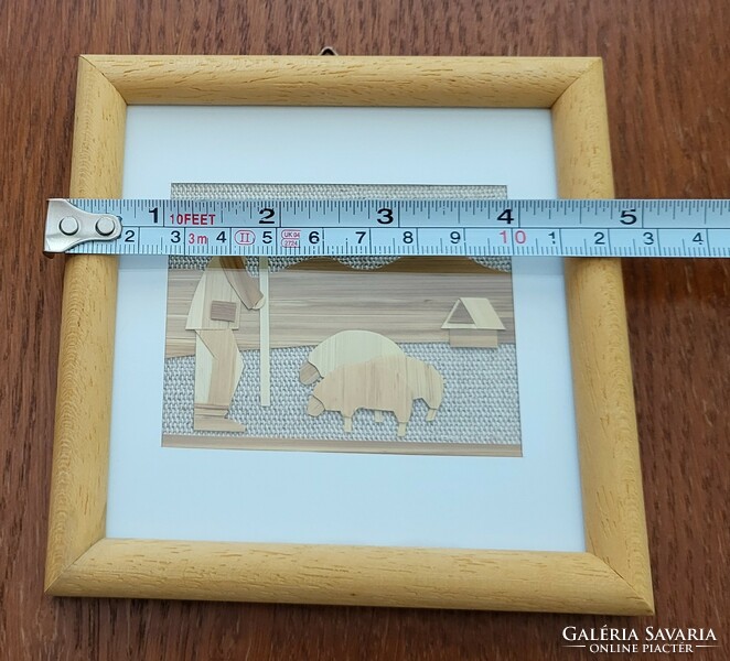 Straw canvas picture shepherd sheep with lamb pattern glazed in a frame