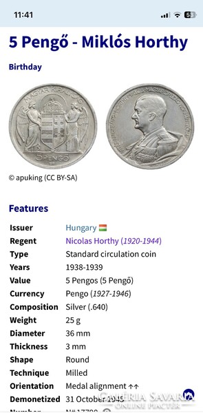 Horthy Miklós 5 pengő 1939 ezüst érme