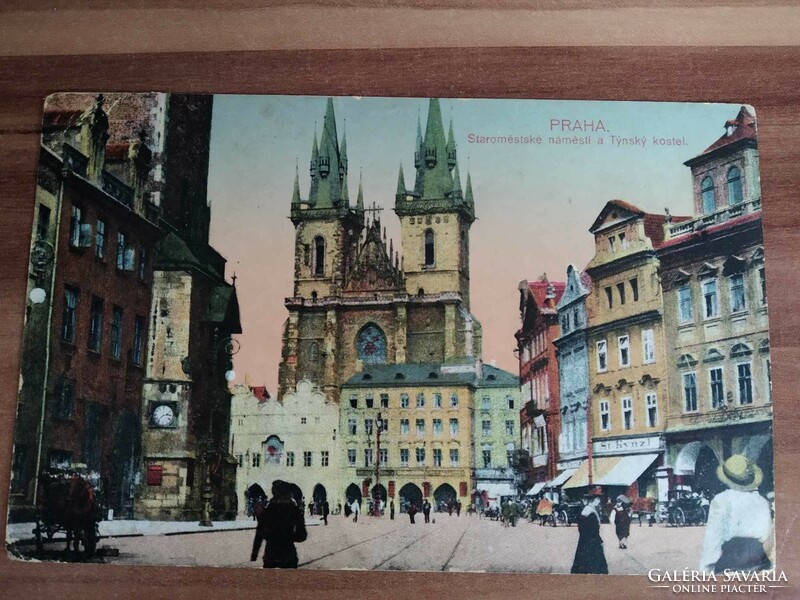 Antique postcard, Prague, Old Town with the Tyn Church, 1917