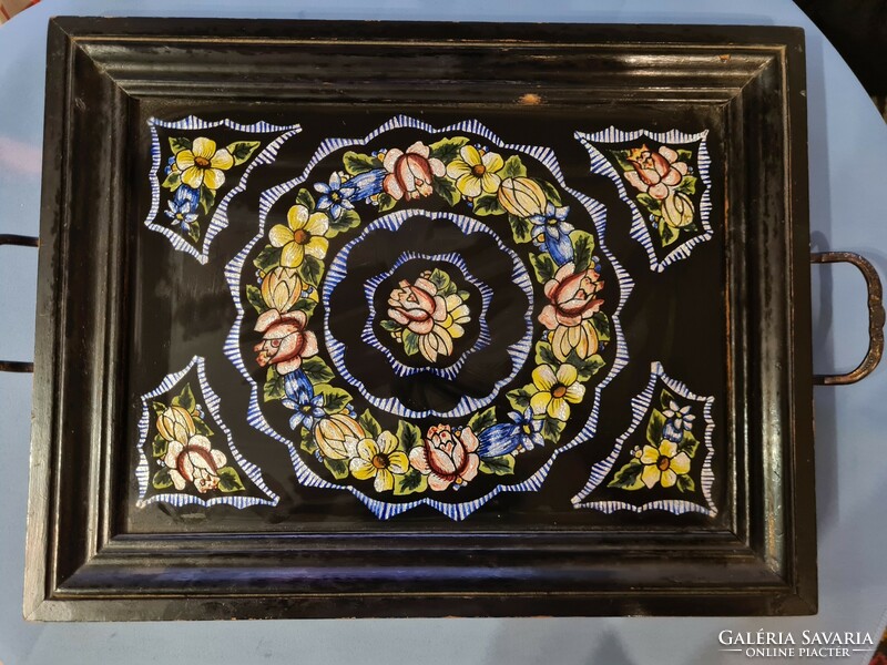 Antique tray with glass plate and wooden frame