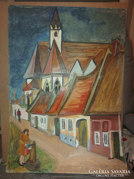 L.Kovács Júlia/Pósfai Júlia/Pósfainé: "Kőszegi utca", kétoldalas festmény, olaj, karton, 50x69 cm