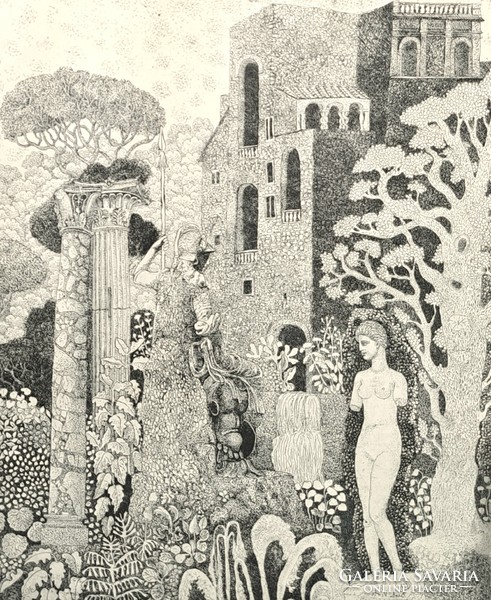 Viola Berki: Tivoli (signed, numbered etching) landscape with castle and nude statue - Italy