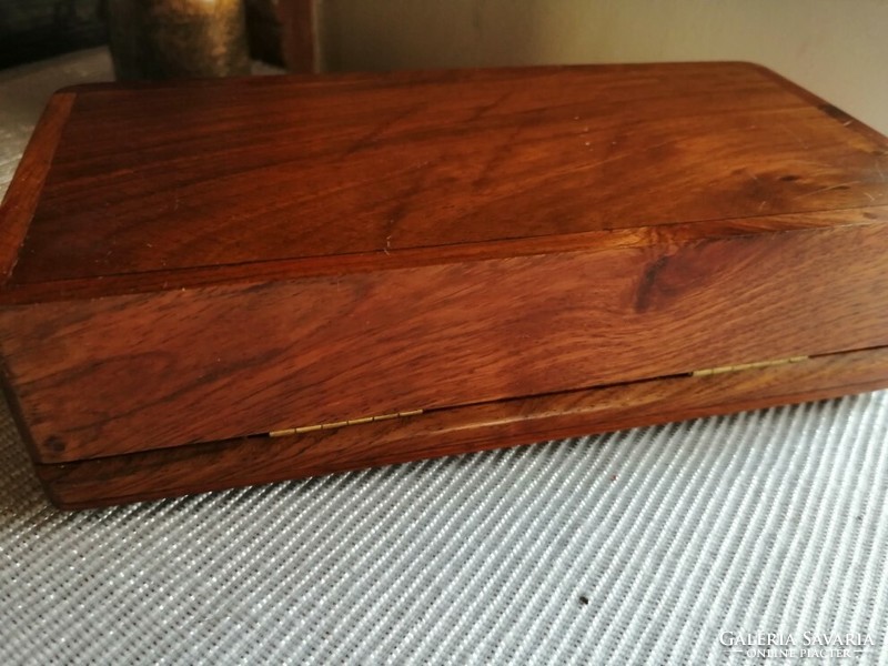 Old wooden jewelry box with mirror with water lily and fish pattern. Rosewood?