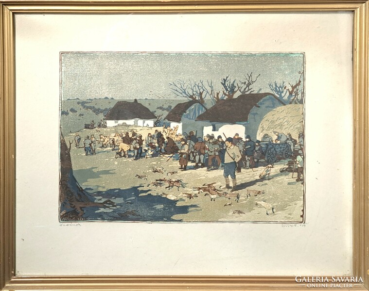 Turkish Ender (1926-1980): hunters (colored linocut in a frame) portrait of many people