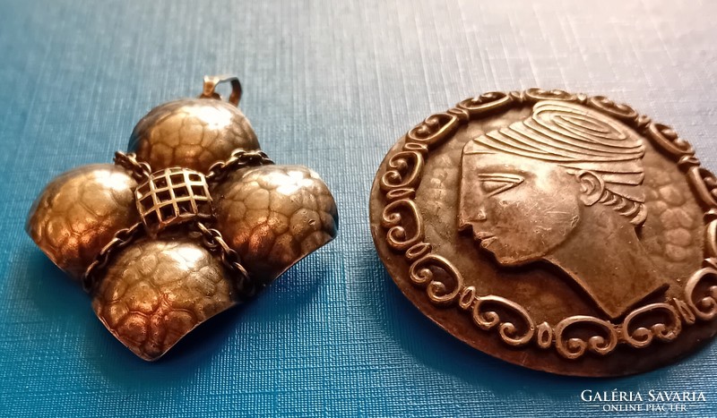 Art-deco metal pendant and brooch