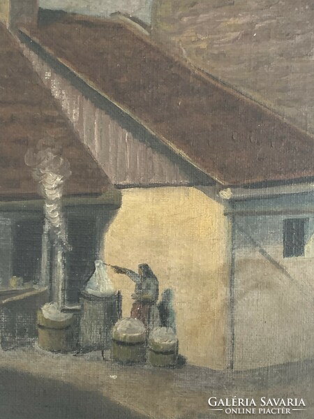 Oil canvas painting: Szentendre washing mother 1920 art deco