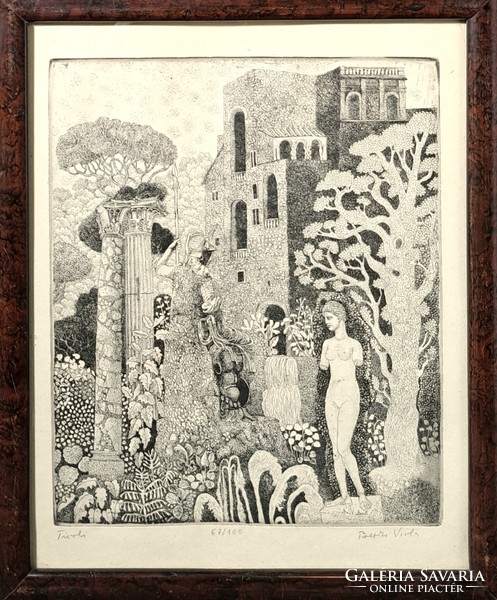 Berki Viola: Tivoli (aláírt, számozott rézkarc) tájkép várral, aktszoborral - Olaszország