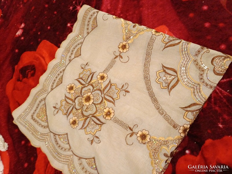 Oriental tablecloth with gold-brown embroidery and sequins