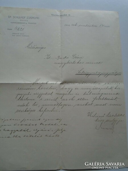 Za486.9 - Letter 1906 dr. Zsigmond Schulhof, lawyer - chief prosecutor of Hunyad county - strisztgyörgyváralja