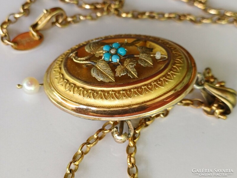 Large Biedermeier gold-plated silver photo holder pendant pearl turquoise + gold-plated silver chain