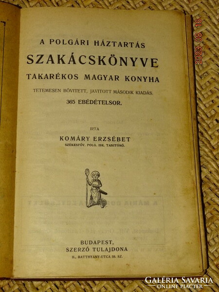 SZAKÁCS KÖNYV / KOMÁRY ERZSÉBET : POLGÁRI HÁZTARTÁS SZAKÁCSKÖNYVE TAKARÉKOS MAGYAR KONYHA  1914 KÖRÜ