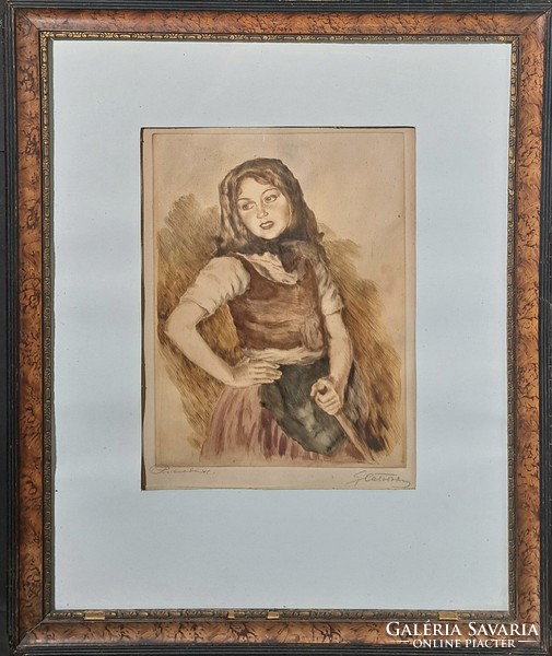 István Prihoda: peasant girl (signed etching) after Oskar Glatz - portrait of a village girl