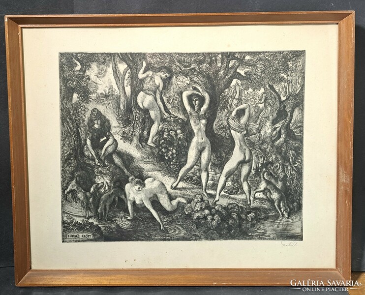 vladimir Szabó: before bathing (signed etching) nudes, scene