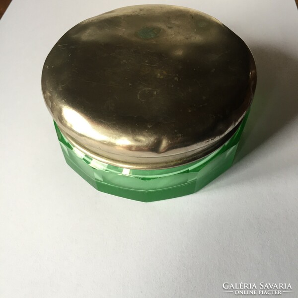 Old, antique, polygonal cut, larger green pee glass box, jar, perfume holder