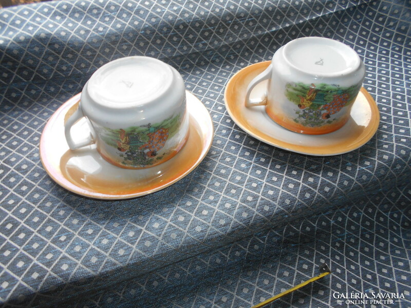 2 pcs drasche slightly lustrous antique scene tea cup + saucer 1800 ft/pc