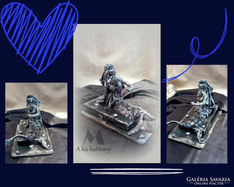 The little mermaid handmade textile sculpture made of recycled materials, black and silver