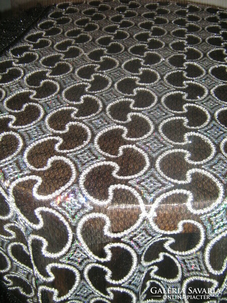 Beautiful sequin machine-embroidered silver black shiny fringed tablecloth
