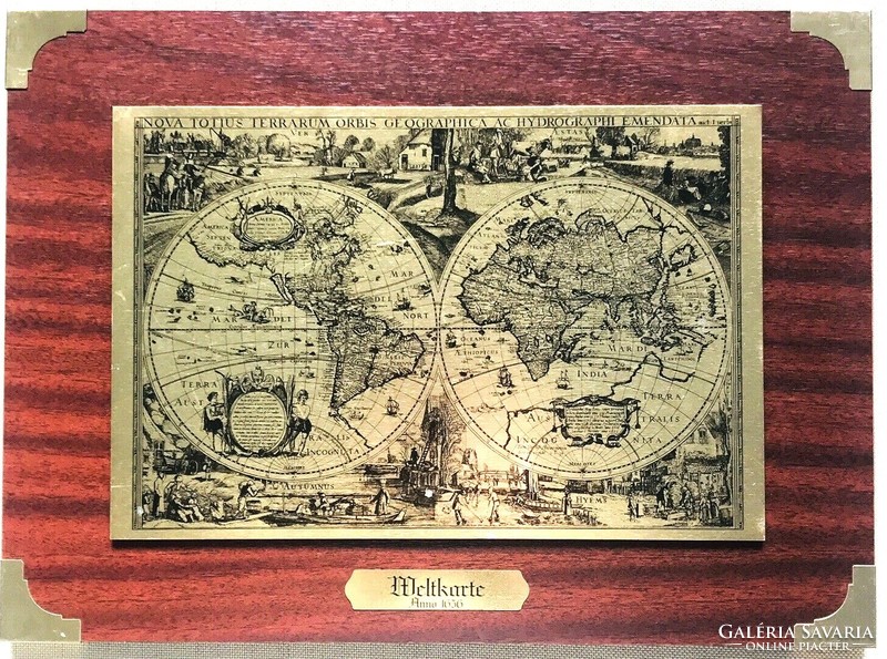 Vintage világtérkép 1636 sárgaréz - fakeret ,fali dísz dekoráció Nova Totius ....