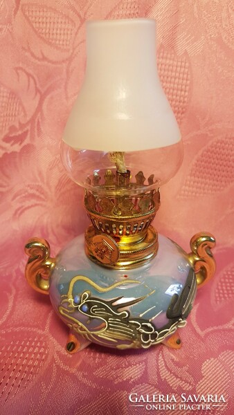 1 Ft-ról! ,,Sárkányos" Kínai, eozin mázas, aranyozott porcelán, petróleum lámpa