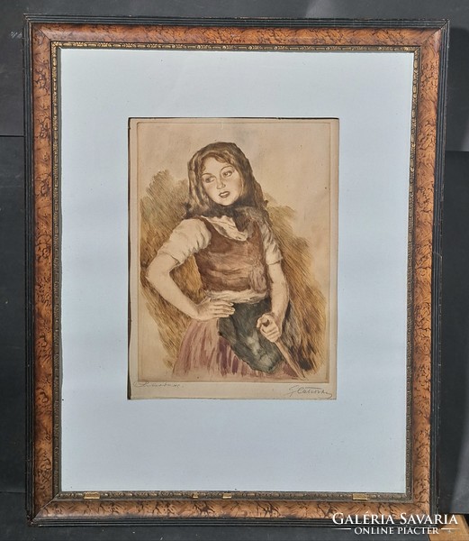 Prihoda István: Parasztlány (aláírt rézkarc) Glatz Oszkár után - falusi lány portréja