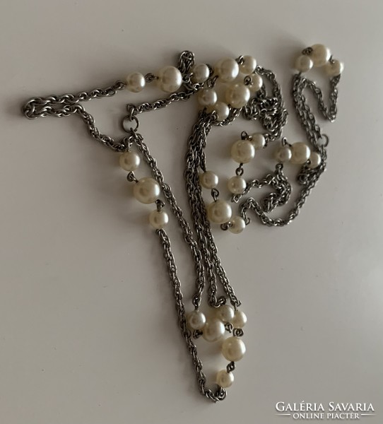 Extra long necklace string of pearls 120 cm pearls decorated with silver colored pearls