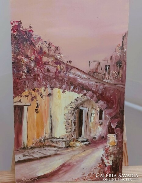 (K) Belák's painting of a narrow alley, 30x50 cm