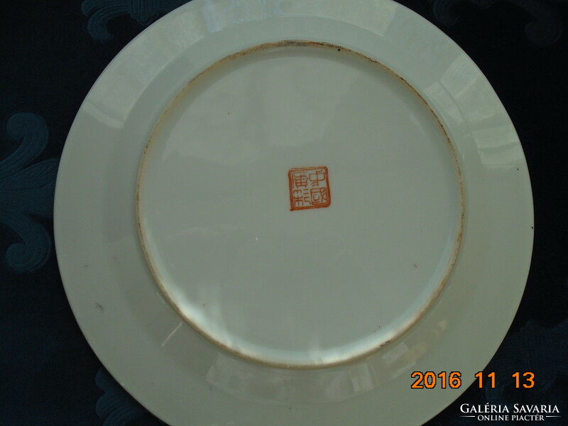 20 Sz canton hand-painted, hand-marked rose bird plate with gold Chinese iconography