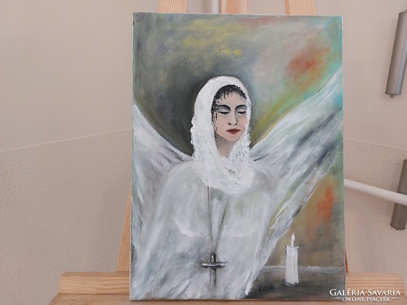 (K) modern angel painting 40x30 cm signed with frame