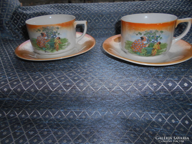 2 pcs drasche slightly lustrous antique scene tea cup + saucer 1800 ft/pc