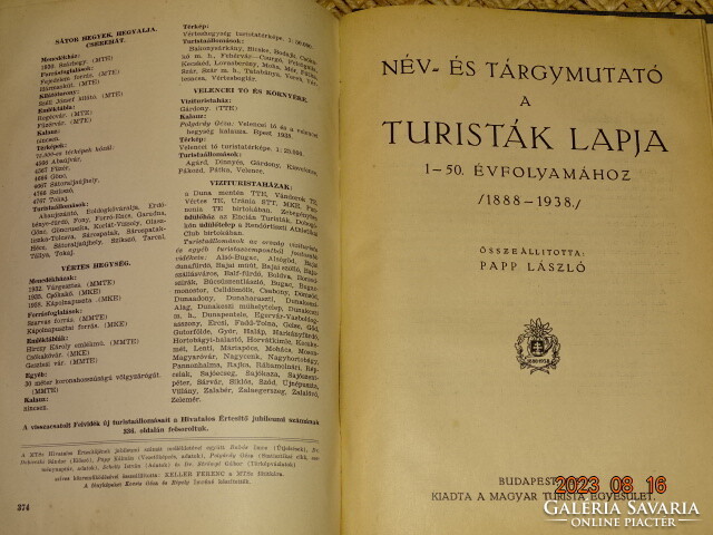 Hungarian tourist association / magazine for 50 years 1888-1938 (includes: name and index !!! )