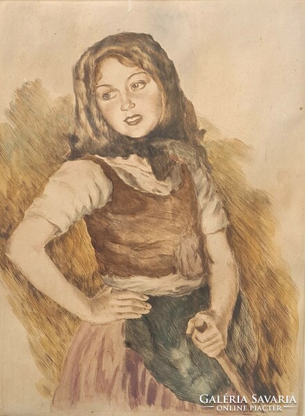 István Prihoda: peasant girl (signed etching) after Oskar Glatz - portrait of a village girl