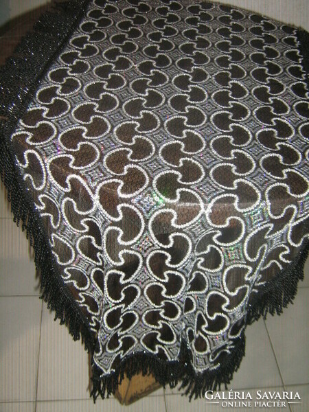 Beautiful sequin machine-embroidered silver black shiny fringed tablecloth