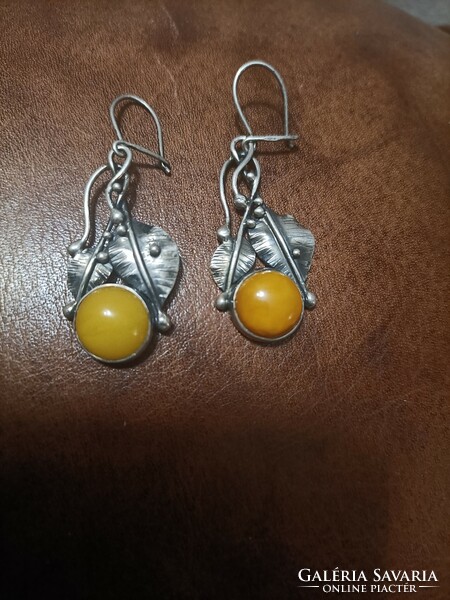 Old art nouveau silver earrings with amber