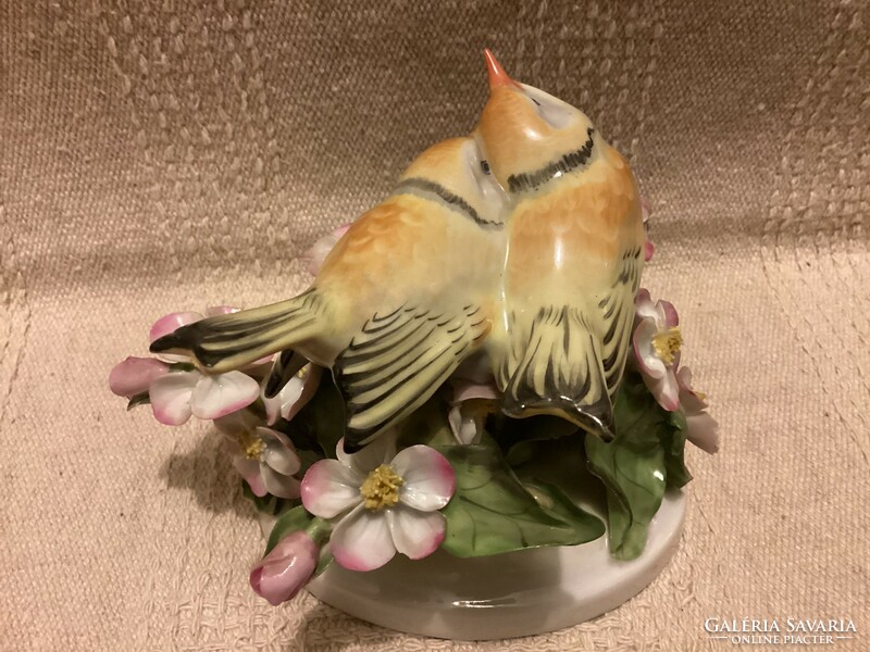 Ó Herendi jelzett porcelán madár pár virágos faágak között ritkább festéssel