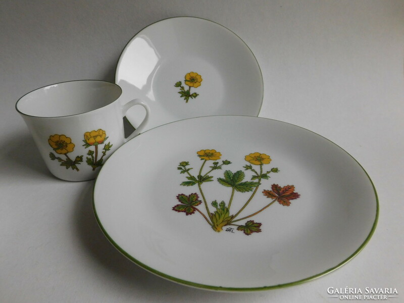 Vintage porsgrund 3-piece breakfast table with botanical decor - potentilla crizantii